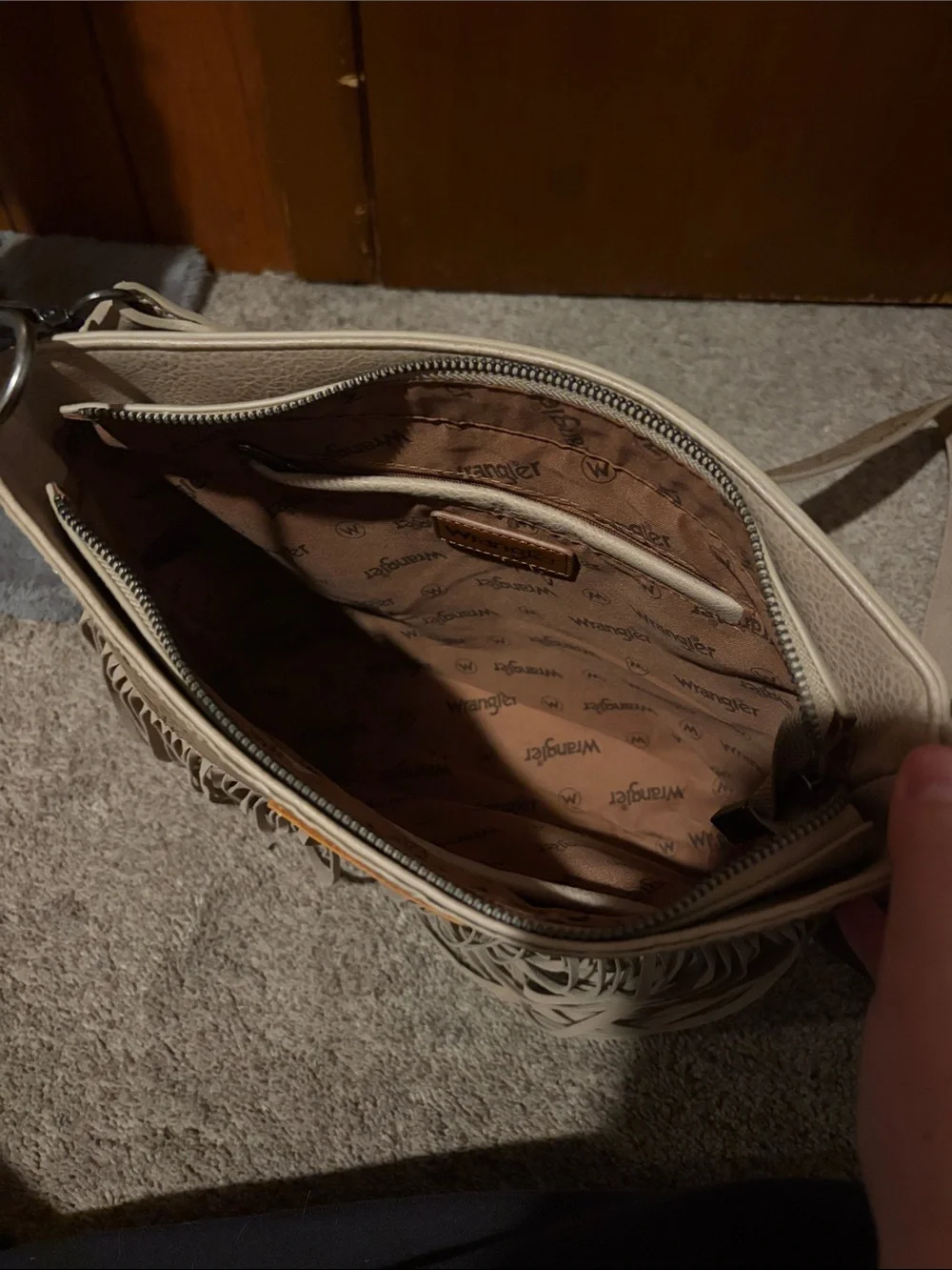 Wrangler Taupe Fringe Crossbody Bag with Embossed Floral Panel